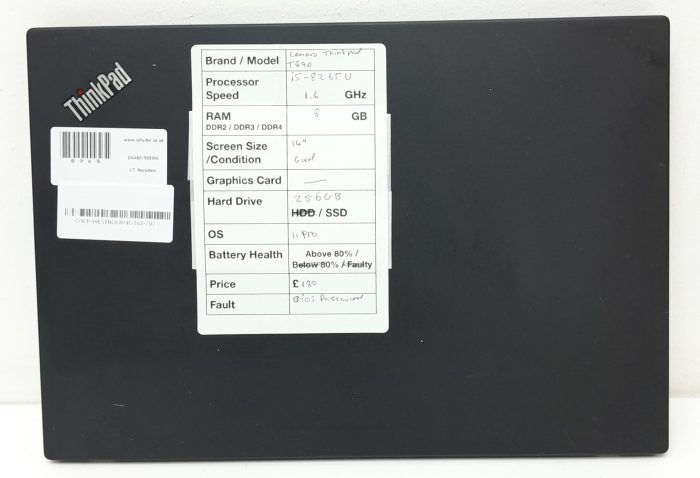 Lenovo ThinkPad T490 - i5-8265U 1.6GHz - 8GB Ram - 14" - 256GB SSD - Windows 11 Pro - Image 3