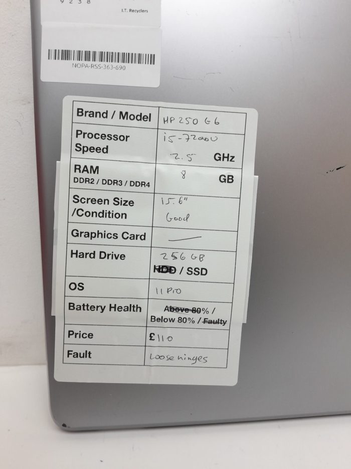 HP 250 G6 - i5-7200U 2.5GHz - 8GB RAM - 15.6" - 256GB SSD - Windows 11 Pro - Image 3