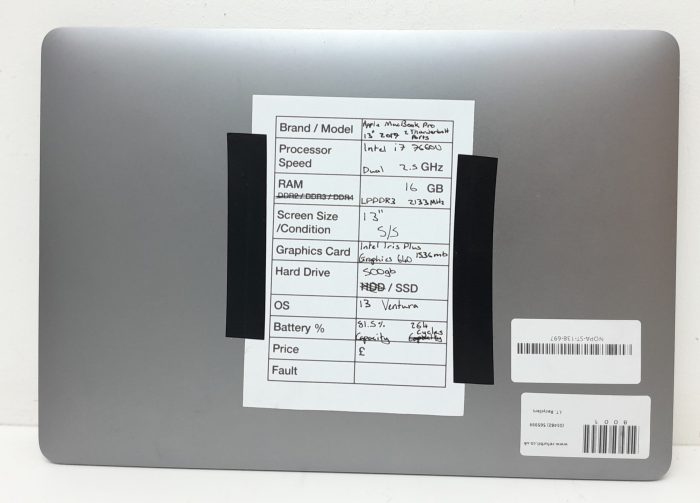 Apple MacBook Pro A1708 - Intel i7-7660U Dual 2.5GHz - 16GB - 13" - 500GB SSD - 13 Ventura (2017) - Image 3