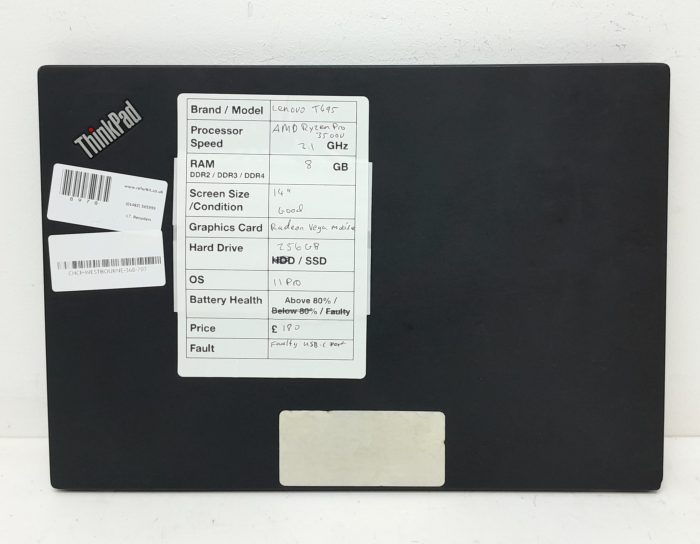 Lenovo ThinkPad T495 - AMD Ryzen Pro 3500U 2.1GHz - 8GB Ram - 14" - Radeon Vega Mobile - 256GB SSD - Windows 11 Pro - Image 3