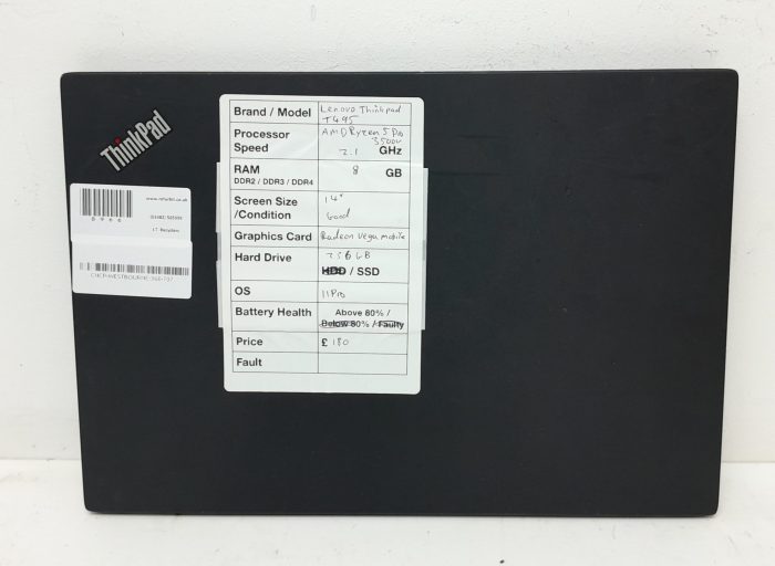 Lenovo ThinkPad T495 - AMD Ryzen 5 Pro 3500U 2.1GHz - 8GB Ram - 14" - Radeon Vega Mobile - 256GB SSD - Windows 11 Pro - Image 3