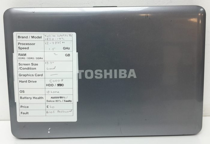 Toshiba Satellite Pro L830-172 - i3-2375m 1.5GHz - 2GB Ram - 13.3" - 500GB HDD - Windows 10 Home - Image 3