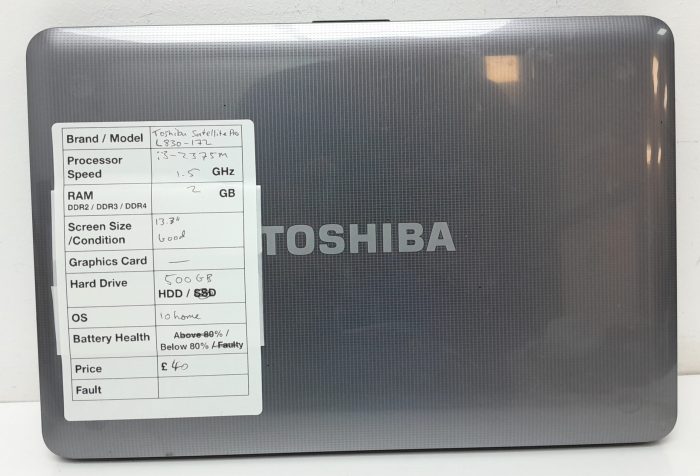 Toshiba Satellite Pro L830-172 - i3-2375m 1.5GHz - 2GB Ram - 13.3" - 500GB HDD - Windows 10 Home - Image 3