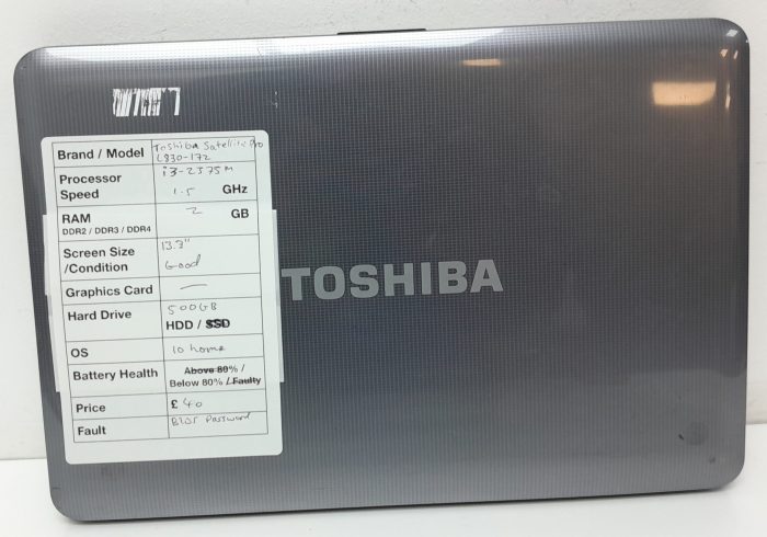 Toshiba Satellite Pro L830-172 - i3-2375m 1.5GHz - 2GB Ram - 13.3" - 500GB HDD - Windows 10 Home - Image 3