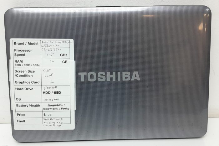 Toshiba Satellite Pro L830-172 - i3-2375m 1.5GHz - 2GB Ram - 13.3" - 500GB HDD - Windows 10 Home - Image 3