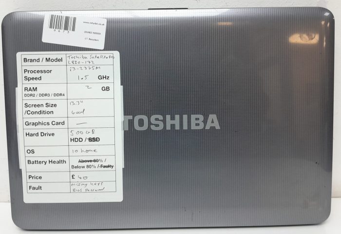 Toshiba Satellite Pro L830-172 - i3-2375m 1.5GHz - 2GB Ram - 13.3" - 500GB HDD - Windows 10 Home - Image 3
