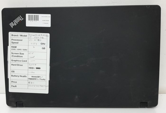 Lenovo ThinkPad Edge 15 0319-3TG - i3-M380 2.53GHz - 4GB Ram - 15.6" - 500GB HDD - Windows 10 Pro - Image 4