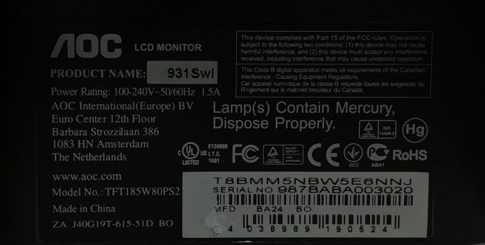 AOC 931Swl TFT185W80PS2 18.5" VGA LCD Monitor - Image 3
