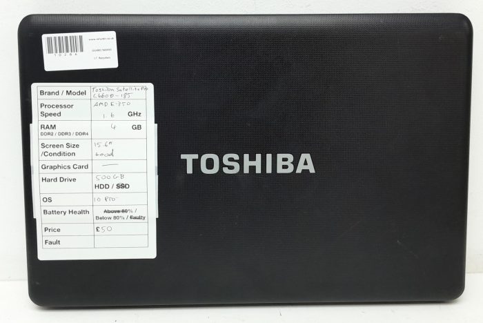 Toshiba Satellite Pro C660D-185 - AMD E-350 1.6GHz - 4GB Ram - 15.6" - 500GB HDD - Windows 10 Pro - Image 3
