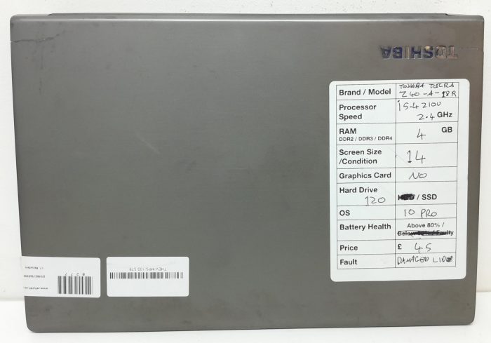 Toshiba Tecra Z40-A-18R i5-4210U 2.4GHz 4GB Ram 14" 120GB SSD Windows 10 Pro - Image 2