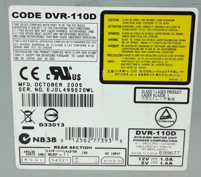 Pioneer Corporation DVR-110D DVD-R/RW Writer Unit - Image 3