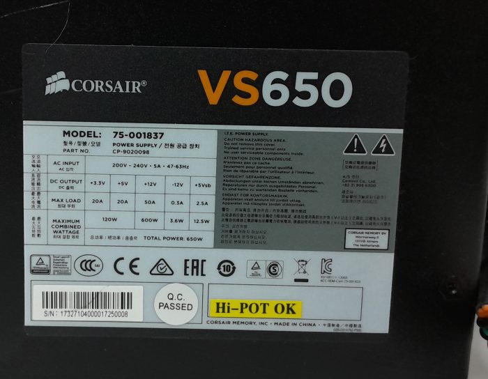 Corsair VS650 75-001837 650W Power Supply Unit - Image 3