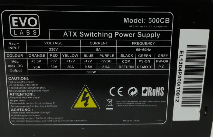 Evo Labs 500CB 500W ATX Switching Power Supply Unit - Image 3