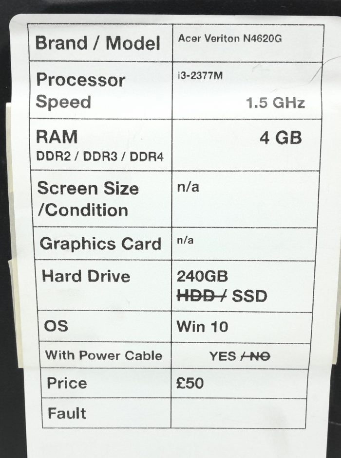 Acer Veriton N4620G - i3-2377M 1.5GHz - 4GB - 240GB SSD - Windows 10 - Personal Computer - Image 3