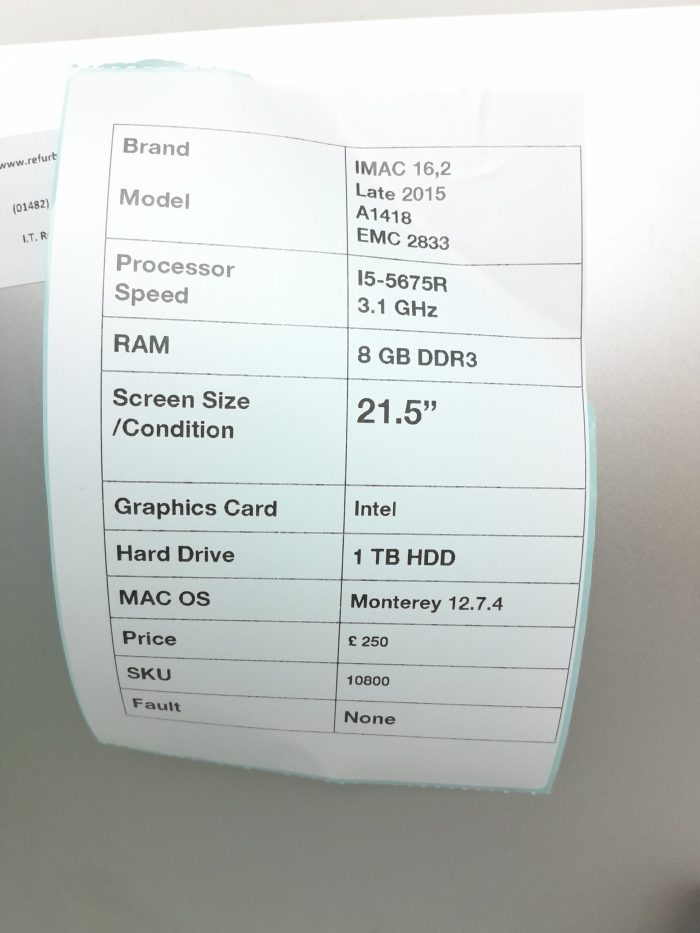 Apple iMac 16.2 Late 2015 A1418 EMC 2833 - i5 5675R 3.1GHz - 8GB - 21.5" - 1TB HDD - Monteray 12.7.4 - Image 3