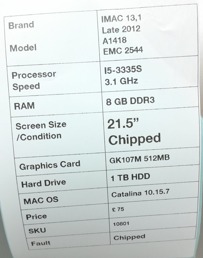 Apple iMac 13.1 Late 2012 A1418 EMC 2544 - i5 3335S 3.1GHz - 8GB - 21.5" - 1TB HDD - Catalina 10.15.7 - Image 3
