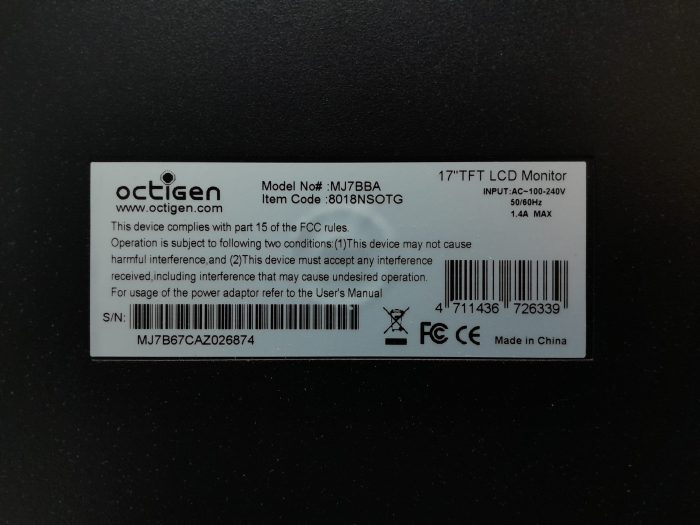 Octigen MJ7BBA 17" VGA TFT LCD Monitor - Image 3