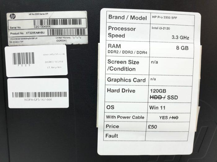 HP Pro 3300 Series SFF - Intel i3-2120 3.3GHz - 8GB - 120GB SSD - Windows 11 - Image 3