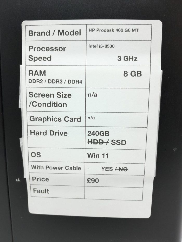 HP Prodesk 400 G6 MT - Intel i5-8500 3GHz - 8GB - 240GB SSD - Windows 11 - Image 3