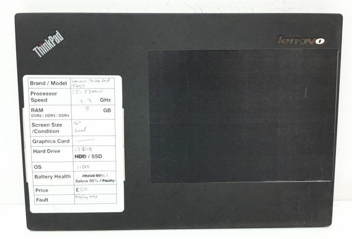 Lenovo ThinkPad T450 - i5-5300U 2.3GHz - 8GB Ram - 14" - 128GB SSD - Windows 11 Pro - Image 3