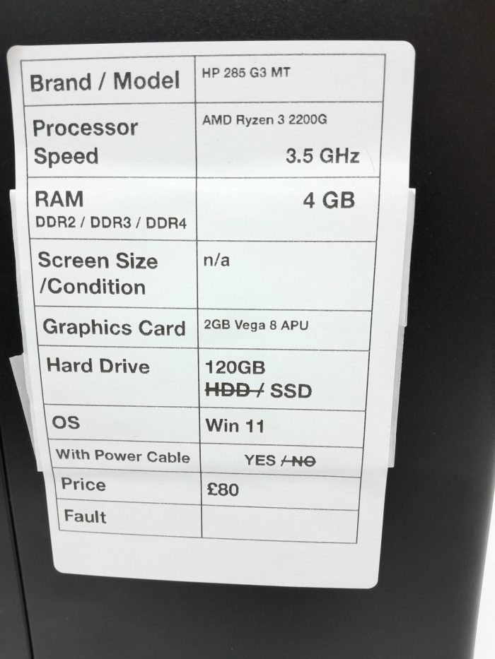 HP 285 G3 MT - AMD Ryzen 3 2200G 3.5GHz - 4GB - 2GB Vega 8 APU -120GB SSD - Windows 11 - Image 3