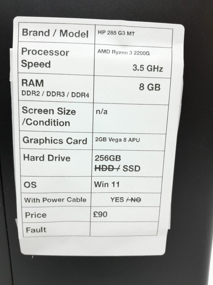HP 285 G3 MT - AMD Ryzen 3 2200G 3.5GHz - 8GB - 2GB Vega 8 APU - 256GB SSD - Windows 11 - Image 3