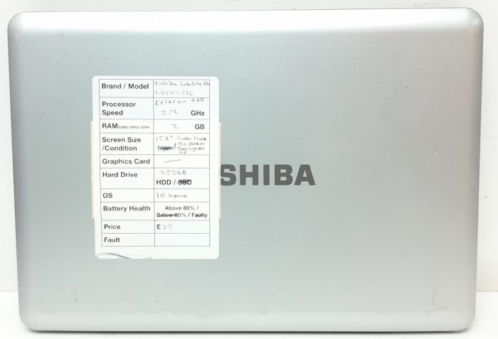 Toshiba Satellite Pro L450-17L - Celeron 900 2.2GHz - 2GB Ram - 15.6" - 250GB HDD - Windows 10 Home - Image 3