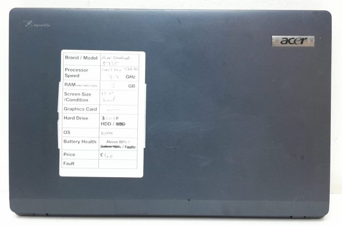 Acer TravelMate 5735 series PEW52 - Core 2 Duo T6670 2.2GHz - 3GB Ram - 15.6" - 320GB HDD - Windows 10 Pro - Image 3