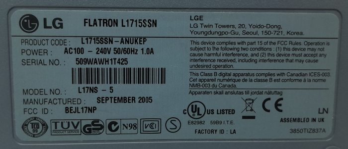 LG Flatron L1715SSN L17NS-5 17" VGA LCD Monitor - Image 3