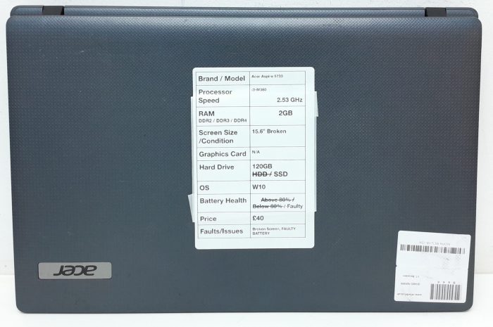Acer Aspire 5733 Series PEW71 - i3 M380 2.53GHz - 2GB Ram - 15.6" - 120GB SSD - Windows 10 - Image 3