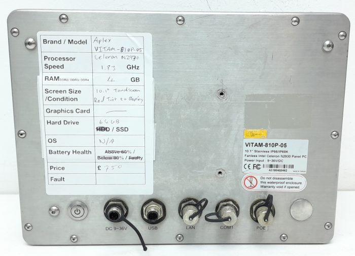 Aplex VITAM-810P-05 - Celeron N2930 1.83GHz - 4GB- 10.1" - 64GB SSD - Stainless IP66/IP69K Fanless Panel PC - Image 4