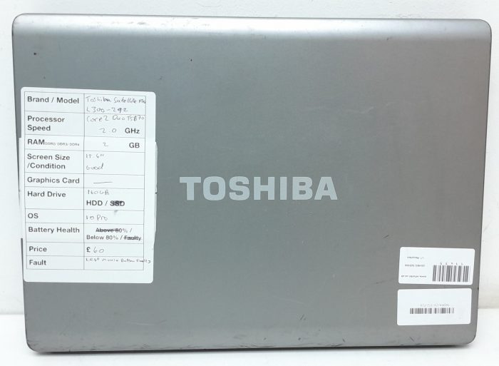 Toshiba Satellite Pro L300-292 - Core 2 Duo T5870 2.0GHz - 2GB RAM - 15.4" - 160GB HDD - Windows 10 Pro - Image 3