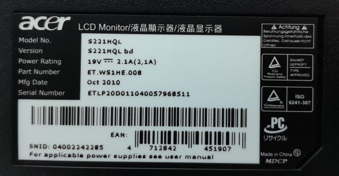 Acer S221HQL 21.5" DVI VGA LCD Monitor - Image 3