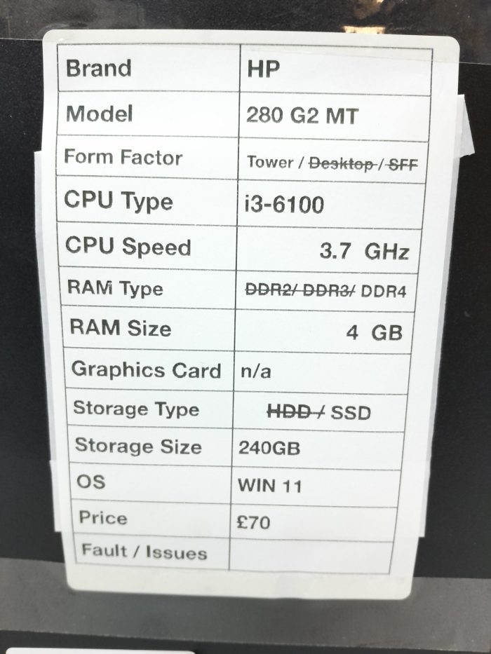 HP 280 G2 MT Tower  i3-6100 3.7Ghz 4GB RAM 240GB SSD Windows 11 - Image 3