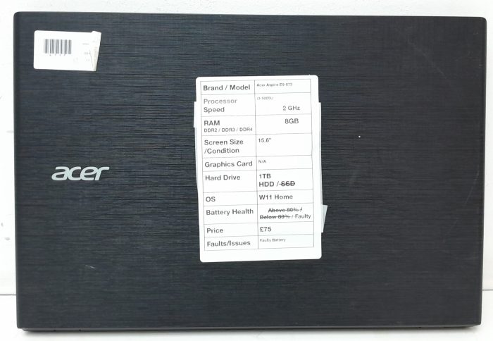 NC Acer Aspire E5-573 N15Q1 - I3-5005U 2GHz - 8GB RAM - 15.6" - 1TB HDD - Windows 11 Home - Image 3