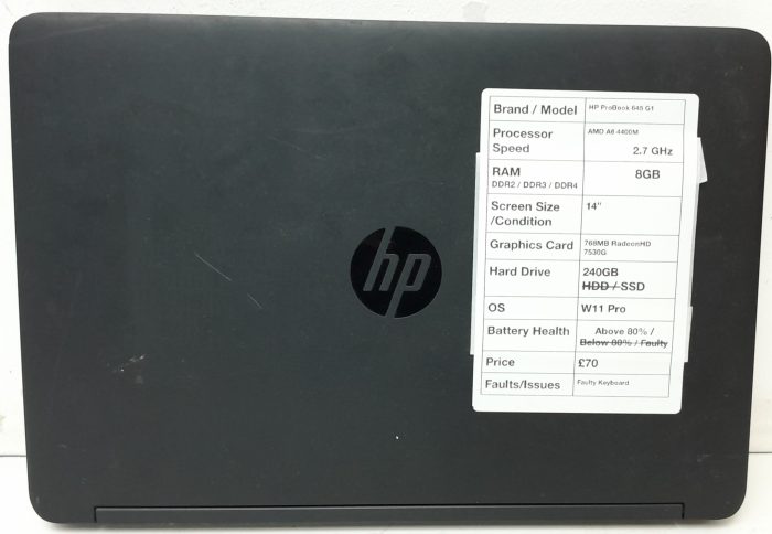 HP Probook 645 G1 - AMD A6-4400M 2.7GHz - 8GB - 14" - 768MB Radeon HD 7530G - 240GB SSD - Windows 11 Pro - Image 3