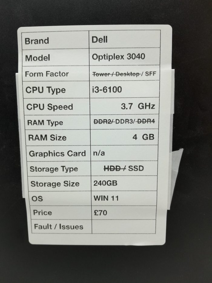 Dell OptiPlex 3040 - SFF - i3-6100 3.7Ghz - DDR3 - 4GB RAM - 240GB SSD - Windows 11 - Image 3