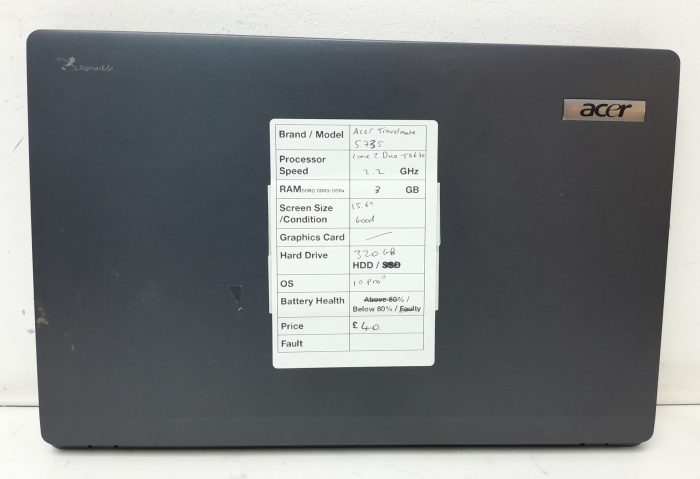 Acer TravelMate 5735 series PEW52 - Core 2 Duo T6670 2.2GHz - 3GB Ram - 15.6" - 320GB HDD - Windows 10 Pro - Image 3