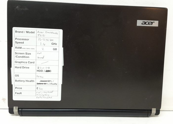 Acer TravelMate 8184 Series P4VC0 - i3-2367M 1.4GHz - 2GB Ram - 14" - 320GB HDD - Windows 10 Pro - Image 3