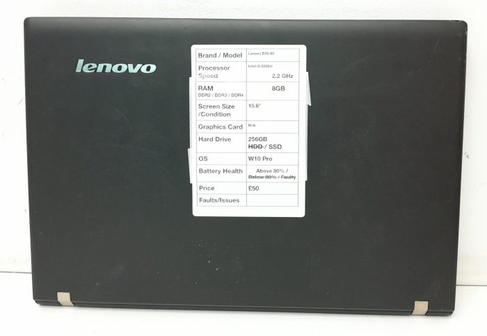Lenovo E50-80 80J2 - i5-5200U 2.2GHz - 8GB Ram - 15.6" - 256GB SSD - Windows 10 Pro - Image 3