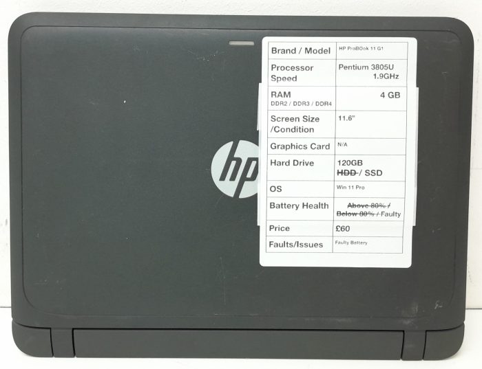 HP ProBook 11 G1 - Pentium 3805U 1.9GHz - 4GB - 11.6" - 120GB SSD - Windows 11 Pro - Image 3