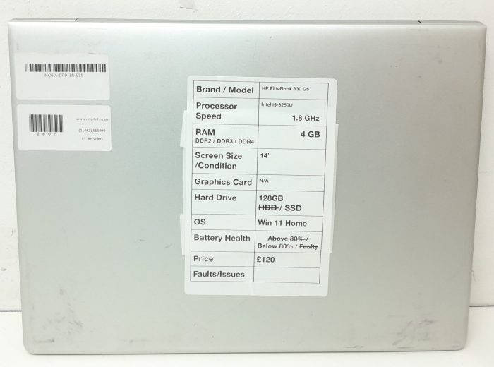 HP EliteBook 830 G5 - Intel i5-8250U 1.8GHz - 4GB - 14" - 128GB SSD - Windows 11 Home - Image 3