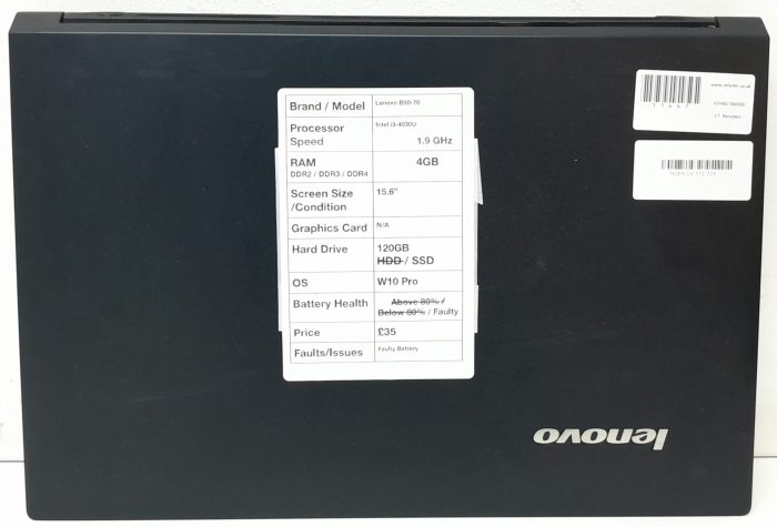 Lenovo B50-70 80EU - Intel i3-4030U 1.9GHz - 4GB Ram - 15.6" - 120GB SSD - Windows 10 Pro - Image 3