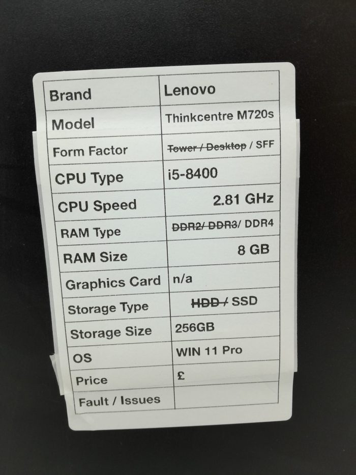 Lenovo ThinkCentre M720s 0031UK - SFF - i5-8400 2.81Ghz - DDR4 - 8GB RAM - 256GB SSD - Windows 11 Pro - Image 3