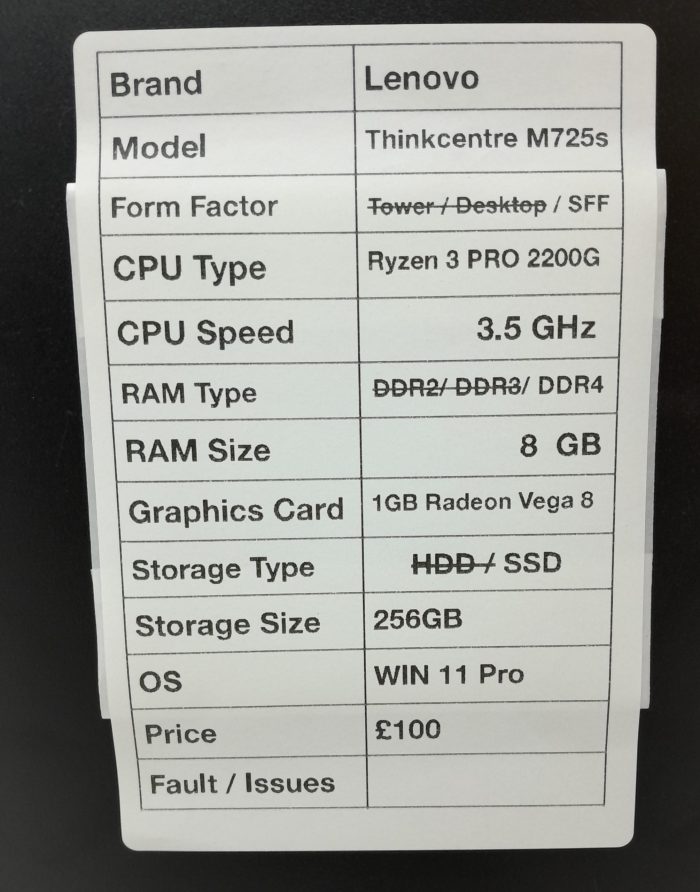 Lenovo ThinkCentre M725s 000UUK - SFF - Ryzen 3 Pro 2200G 3.5Ghz - DDR4 - 8GB RAM - 256GB SSD - Windows 11 Pro - Image 3