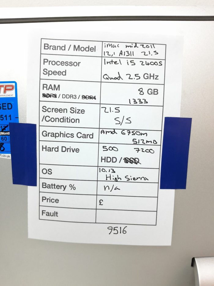 Apple iMac A1311 - Intel i5-2400S Quad 2.5GHz - 8GB RAM - 21.5" - AMD 6750M 512MB - 500GB HDD - 10.13 High Sierra(Mid 2011) - Image 3