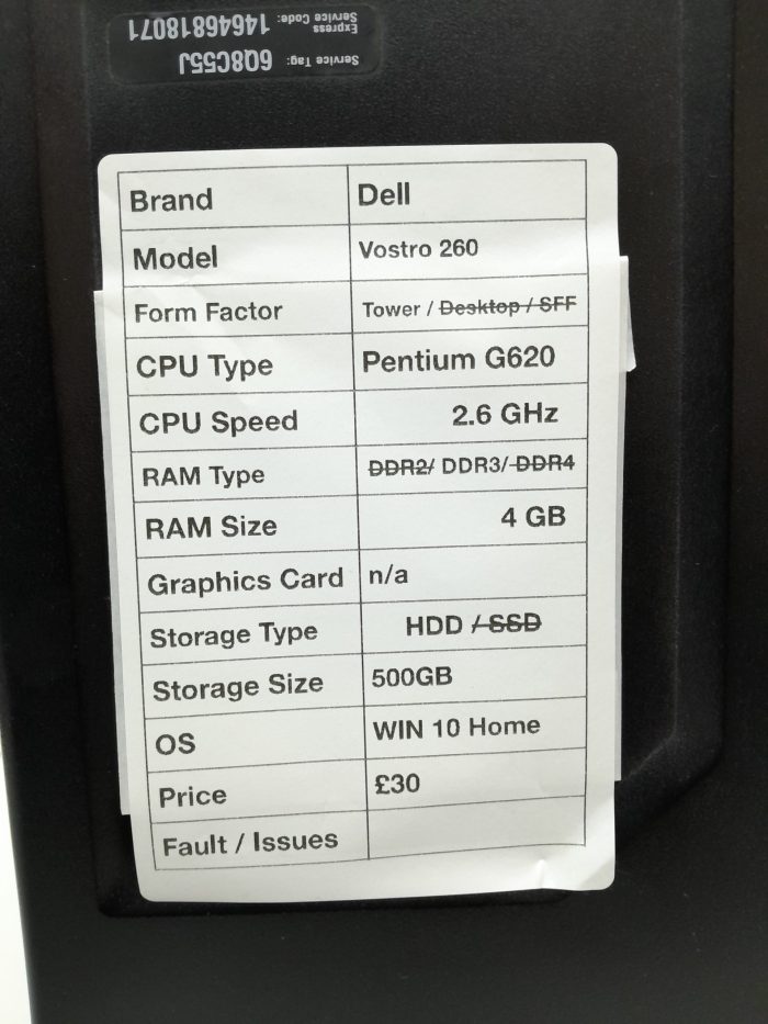 Dell Vostro 260 - Tower - Pentium G620 2.6Ghz - DDR3 - 4GB RAM - 500GB HDD - Windows 10 Home - Image 3