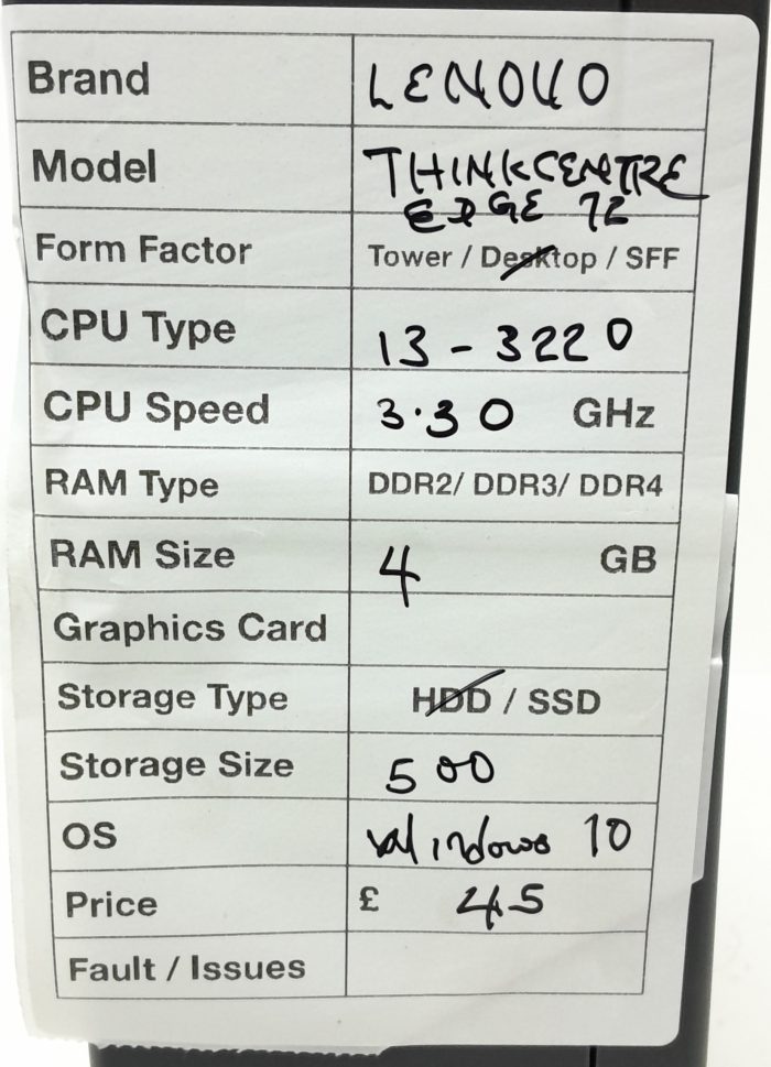 Lenovo ThinkCentre Edge72 - Desktop - i3-3220 3.3Ghz - 4GB RAM - 500GB HDD - Windows 10 - Image 3