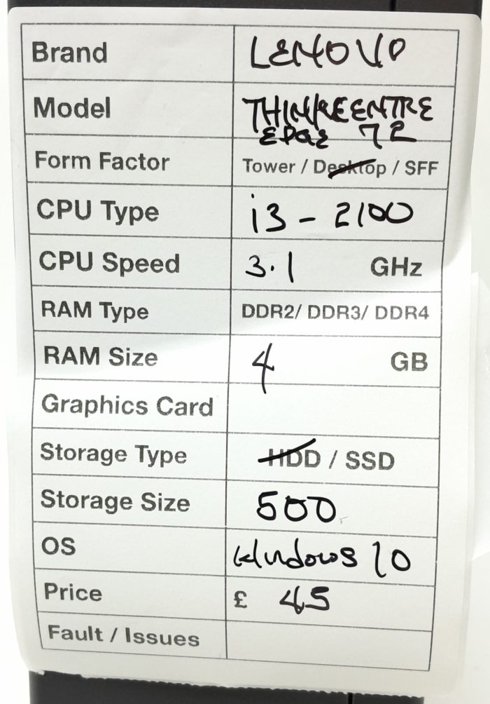Lenovo ThinkCentre Edge72 - Desktop - i3-2100 3.1Ghz - 4GB RAM - 500GB HDD - Windows 10 - Image 3