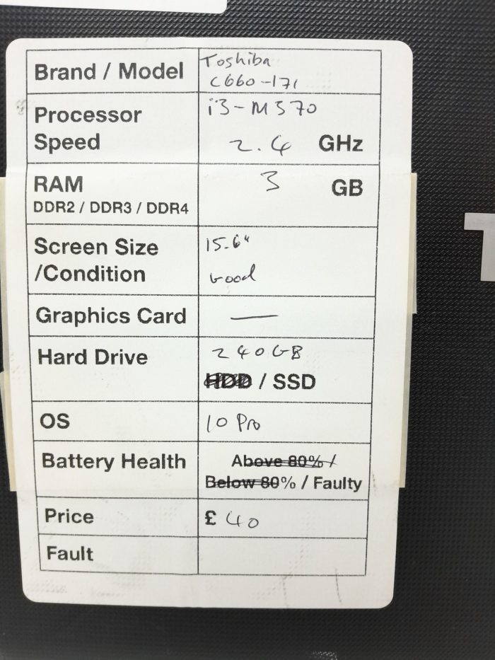 Toshiba Satellite Pro C660-171 - i3 M370 2.4 GHz - 3GB Ram - 15.6" - 240GB SSD - Windows 10 Pro - Image 3